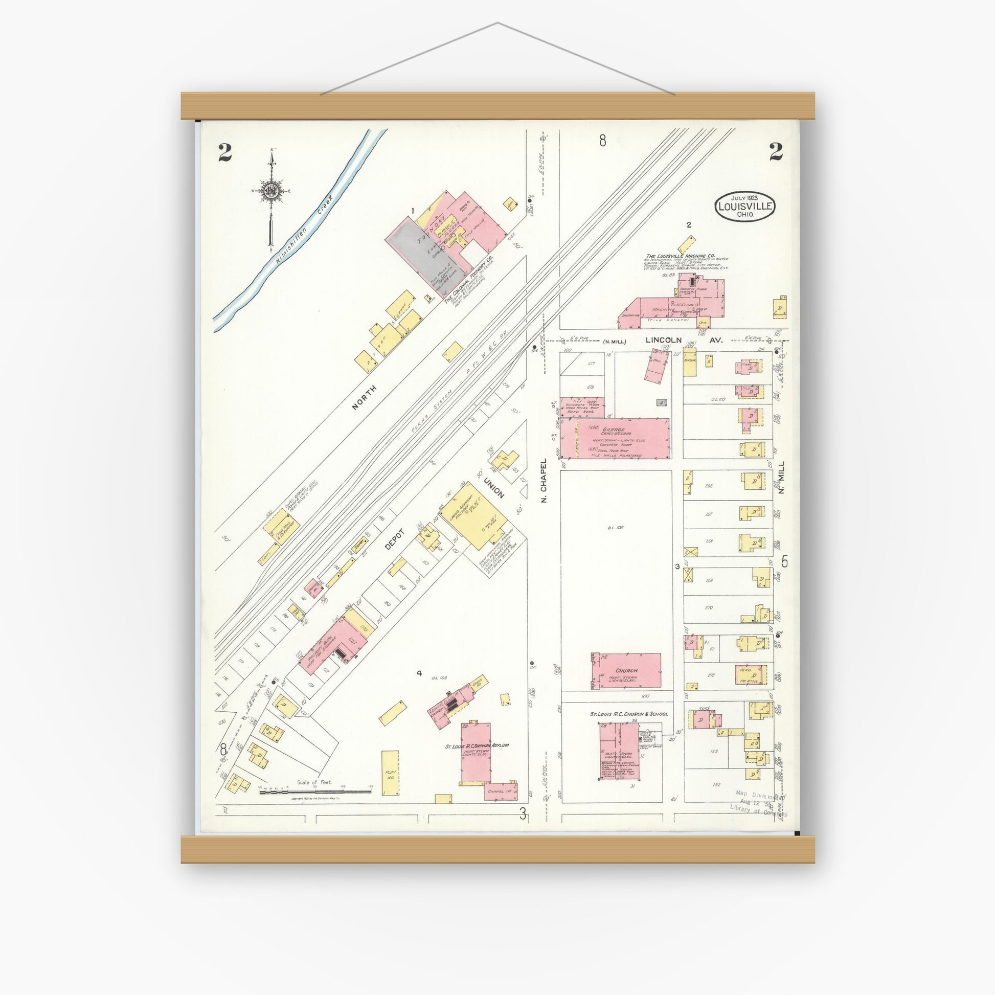 Old map wall art mockup — magnetic wood frame on white wall — Sanborn Fire Insurance Map from Louisville, Stark County, Ohio (1923), Sheet #0002