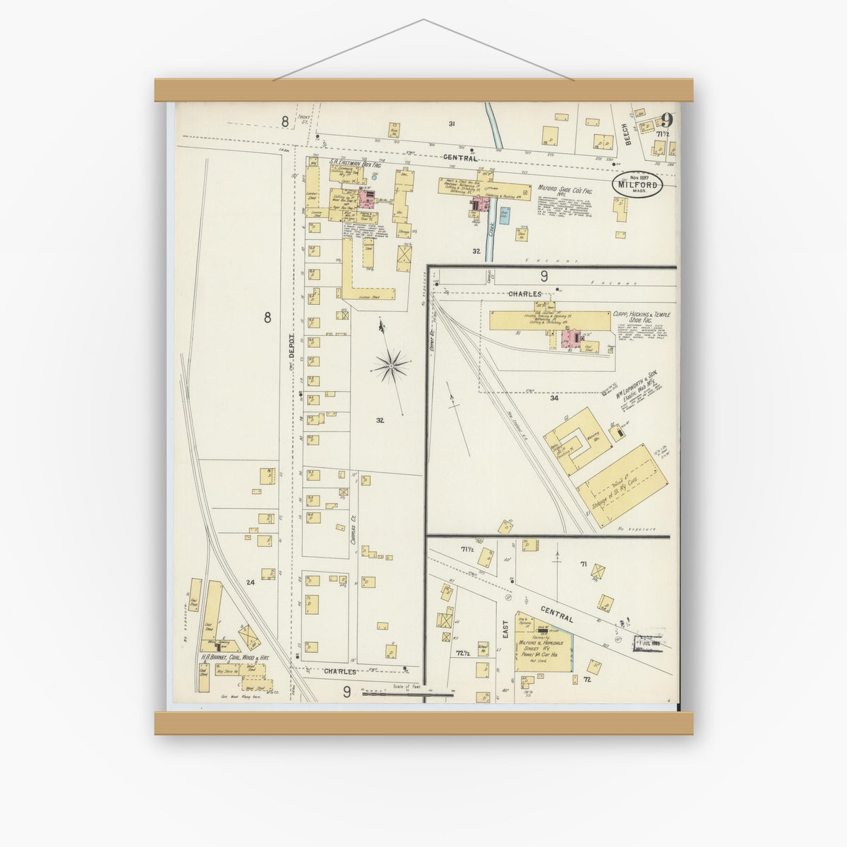 Old map wall art mockup — magnetic wood frame on white wall — Sanborn Fire Insurance Map from Milford, Worcester County, Massachusetts (1897), Sheet #0009