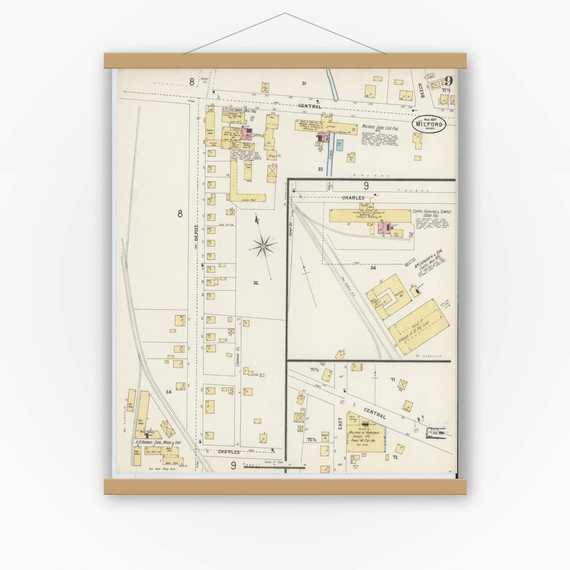 Old map wall art mockup — magnetic wood frame on white wall — Sanborn Fire Insurance Map from Milford, Worcester County, Massachusetts (1897), Sheet #0009