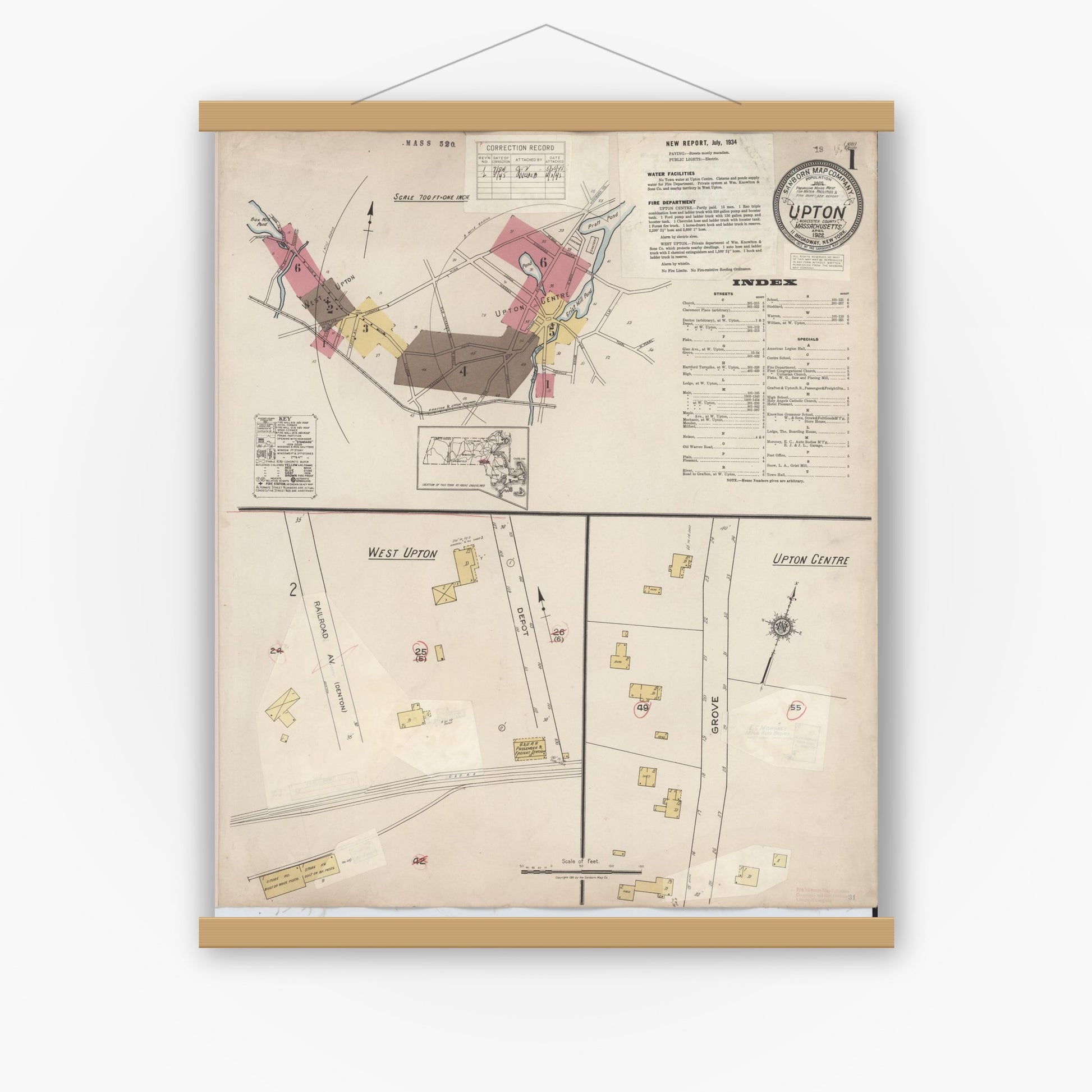 Old map wall art mockup — magnetic wood frame on white wall — Sanborn Fire Insurance Map from Upton, Worcester County, Massachusetts (1945), Sheet #0001