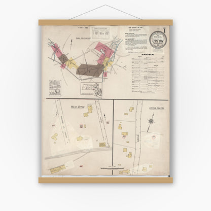 Old map wall art mockup — magnetic wood frame on white wall — Sanborn Fire Insurance Map from Upton, Worcester County, Massachusetts (1945), Sheet #0001