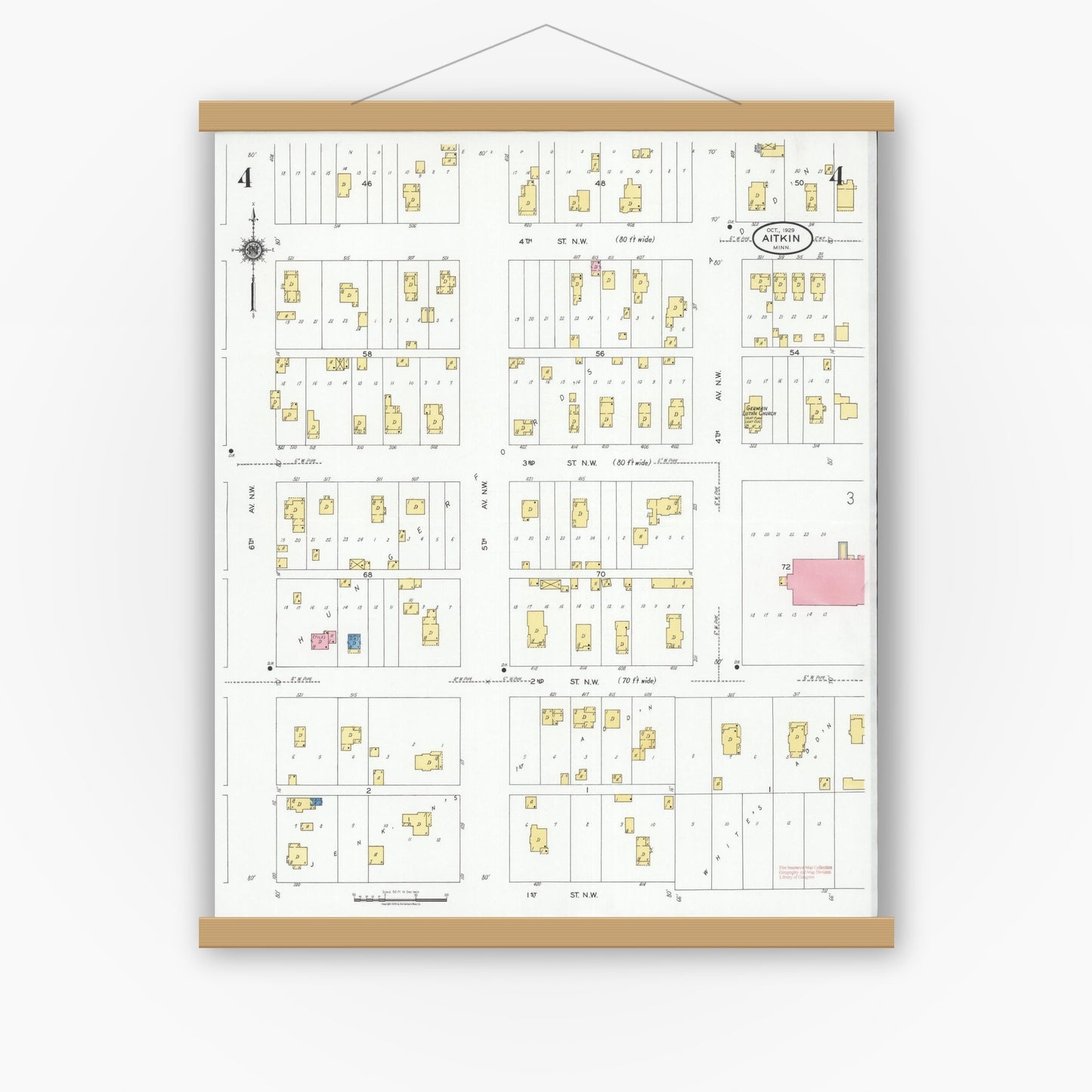 Old map wall art mockup — magnetic wood frame on white wall — Sanborn Fire Insurance Map from Aitkin, Aitkin County, Minnesota (1929), Sheet #0004
