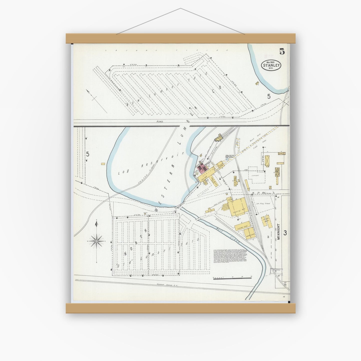 Old map wall art mockup — magnetic wood frame on white wall — Sanborn Fire Insurance Map from Stanley, Chippewa County, Wisconsin (1900), Sheet #0005