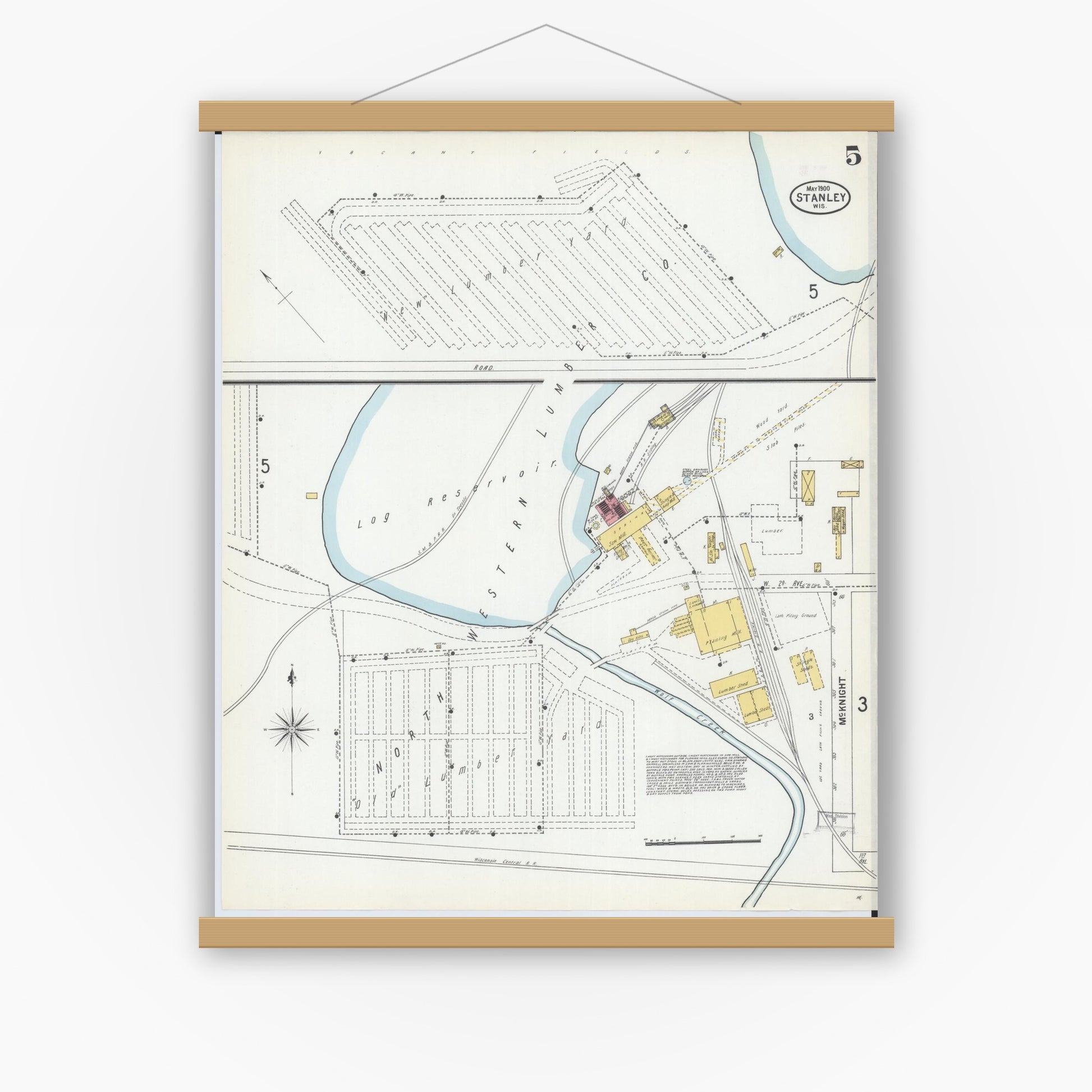Old map wall art mockup — magnetic wood frame on white wall — Sanborn Fire Insurance Map from Stanley, Chippewa County, Wisconsin (1900), Sheet #0005