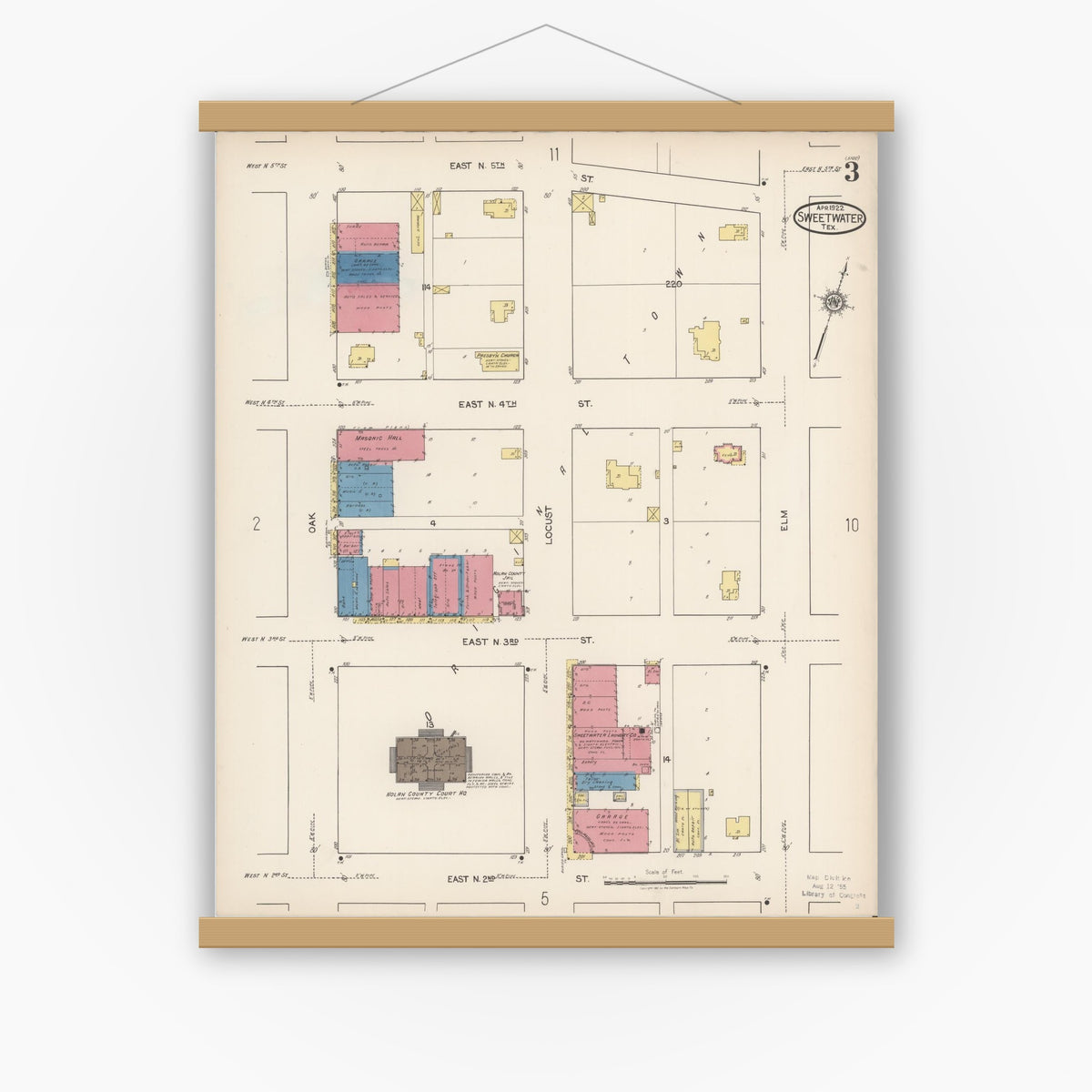 Old map wall art mockup — magnetic wood frame on white wall — Sanborn Fire Insurance Map from Sweetwater, Nolan County, Texas (1922), Sheet #0003