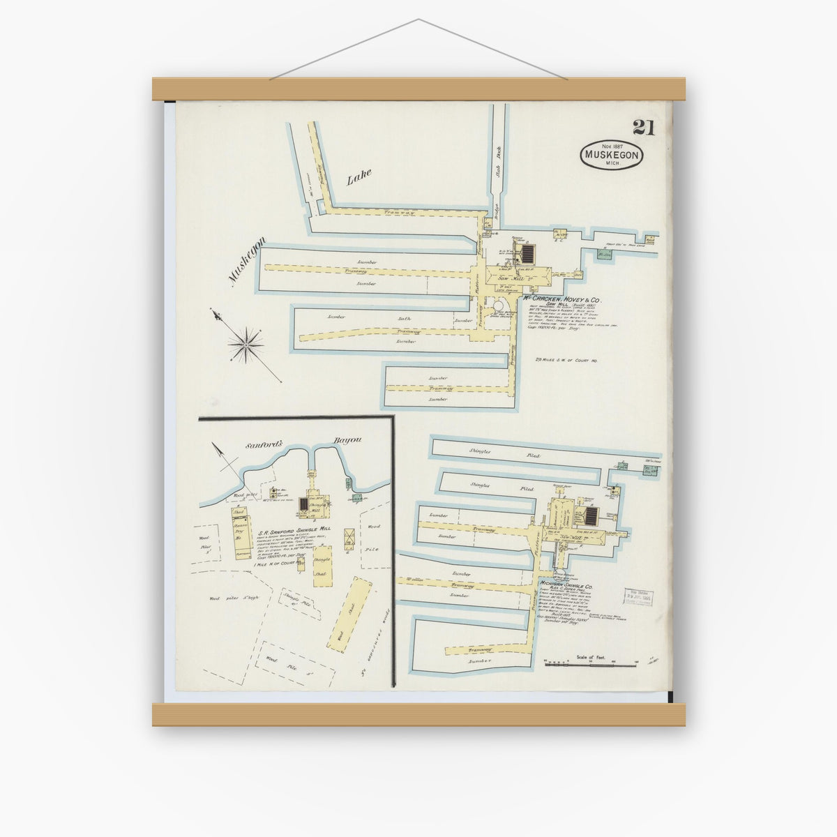 Old map wall art mockup — magnetic wood frame on white wall — Sanborn Fire Insurance Map from Muskegon, Muskegon County, Michigan (1887), Sheet #0021