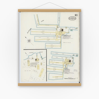 Old map wall art mockup — magnetic wood frame on white wall — Sanborn Fire Insurance Map from Muskegon, Muskegon County, Michigan (1887), Sheet #0021