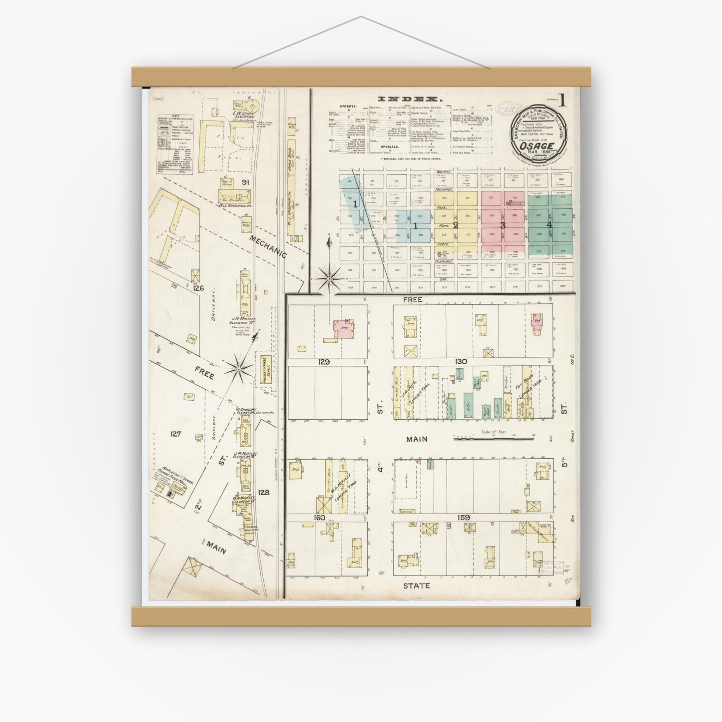 Old map wall art mockup — magnetic wood frame on white wall — Sanborn Fire Insurance Map from Osage, Mitchell County, Iowa (1888) â€” Complete Set