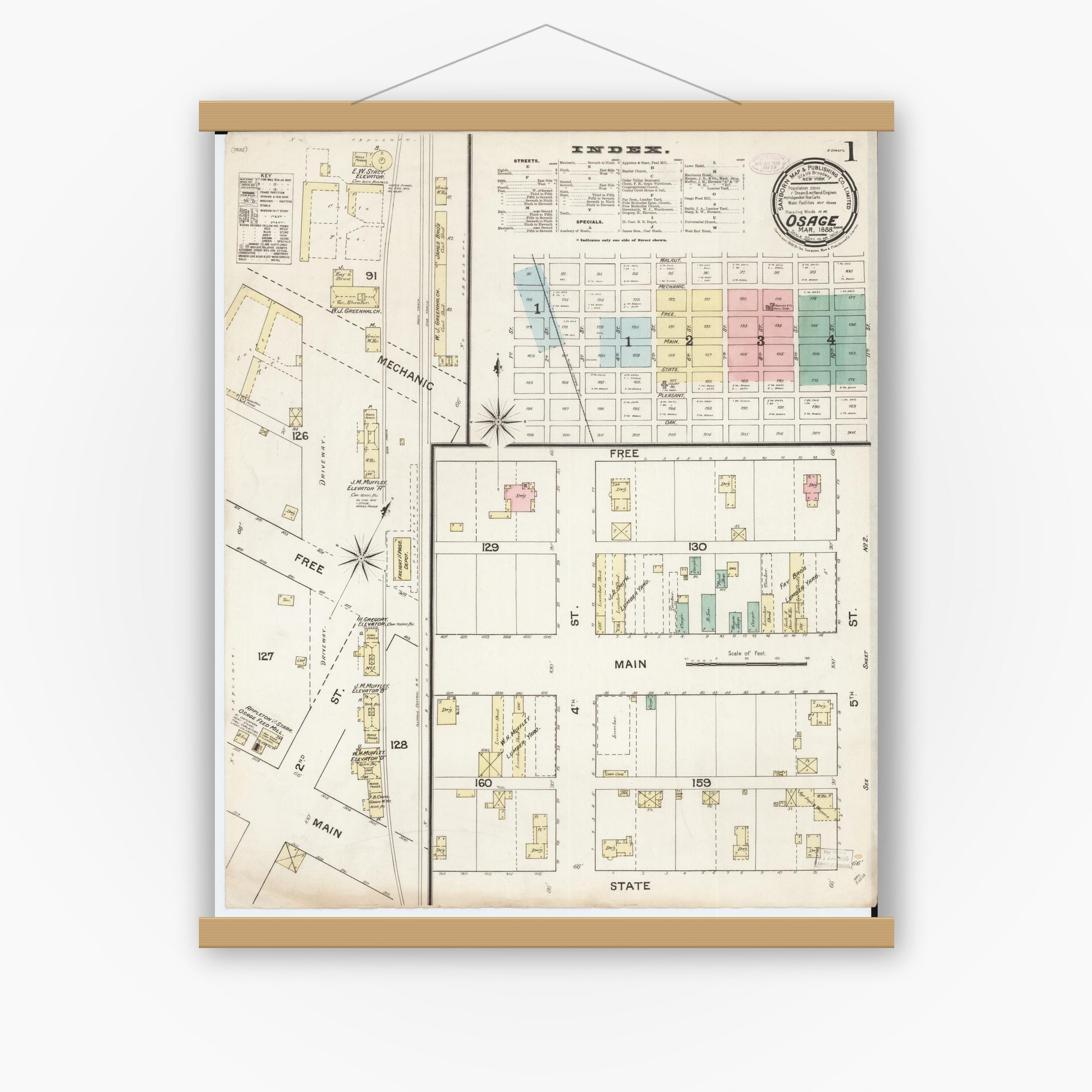 Old map wall art mockup — magnetic wood frame on white wall — Sanborn Fire Insurance Map from Osage, Mitchell County, Iowa (1888) â€” Complete Set