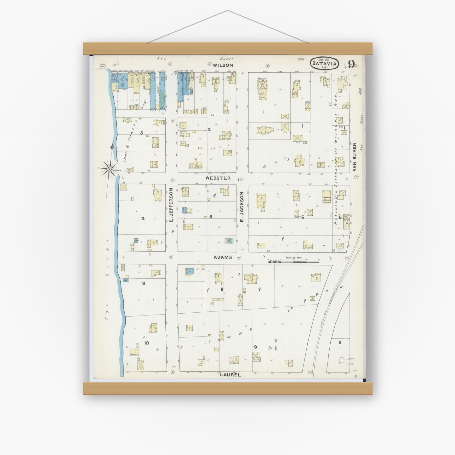 Old map wall art mockup — magnetic wood frame on white wall — Sanborn Fire Insurance Map from Batavia, Kane County, Illinois (1891), Sheet #0009