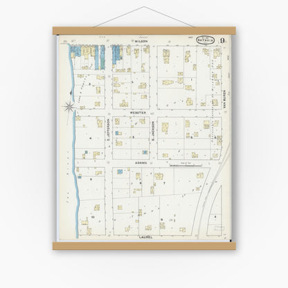Old map wall art mockup — magnetic wood frame on white wall — Sanborn Fire Insurance Map from Batavia, Kane County, Illinois (1891), Sheet #0009