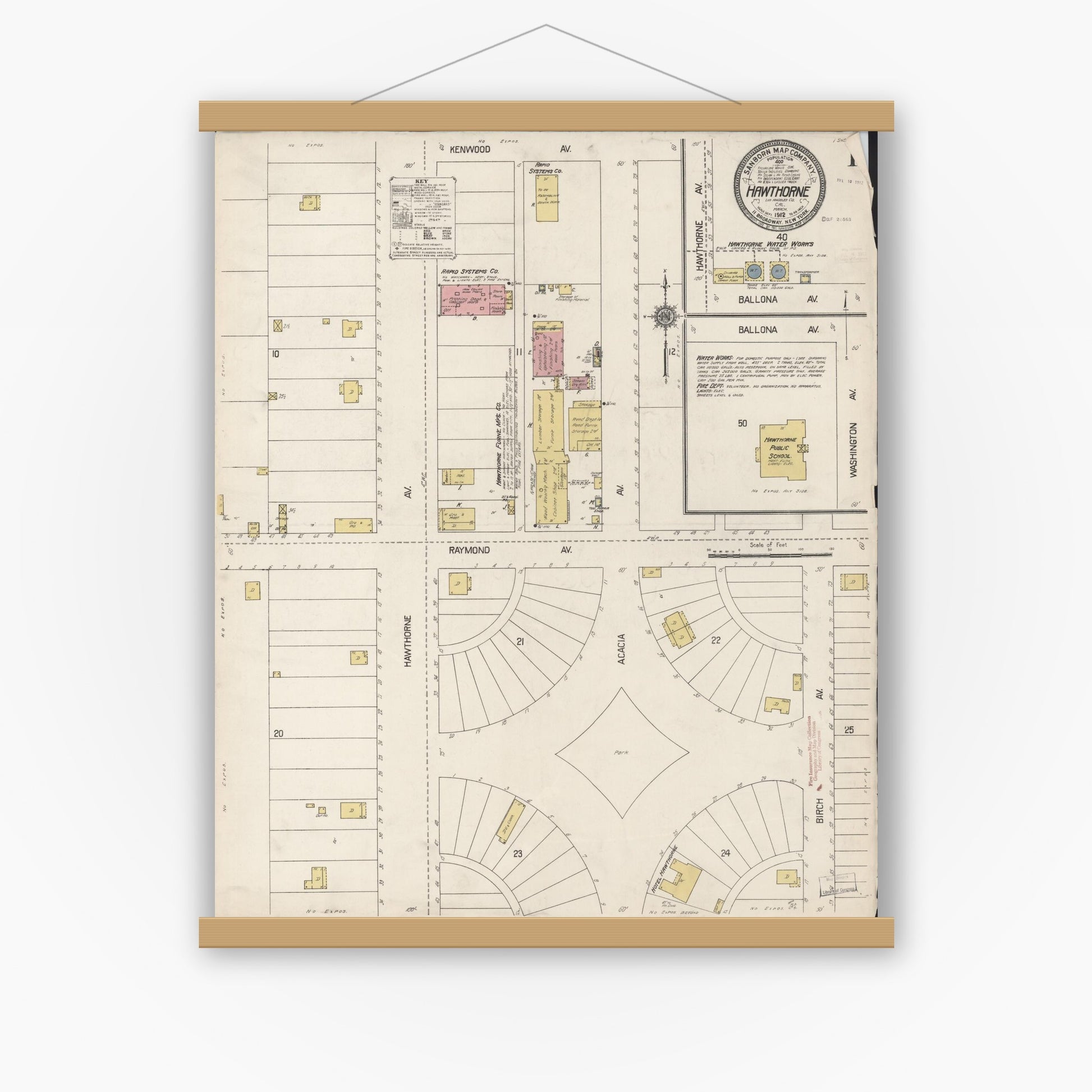 Old map wall art mockup — magnetic wood frame on white wall — Sanborn Fire Insurance Map from Hawthorne, Los Angeles County, California (1912), Sheet #0001