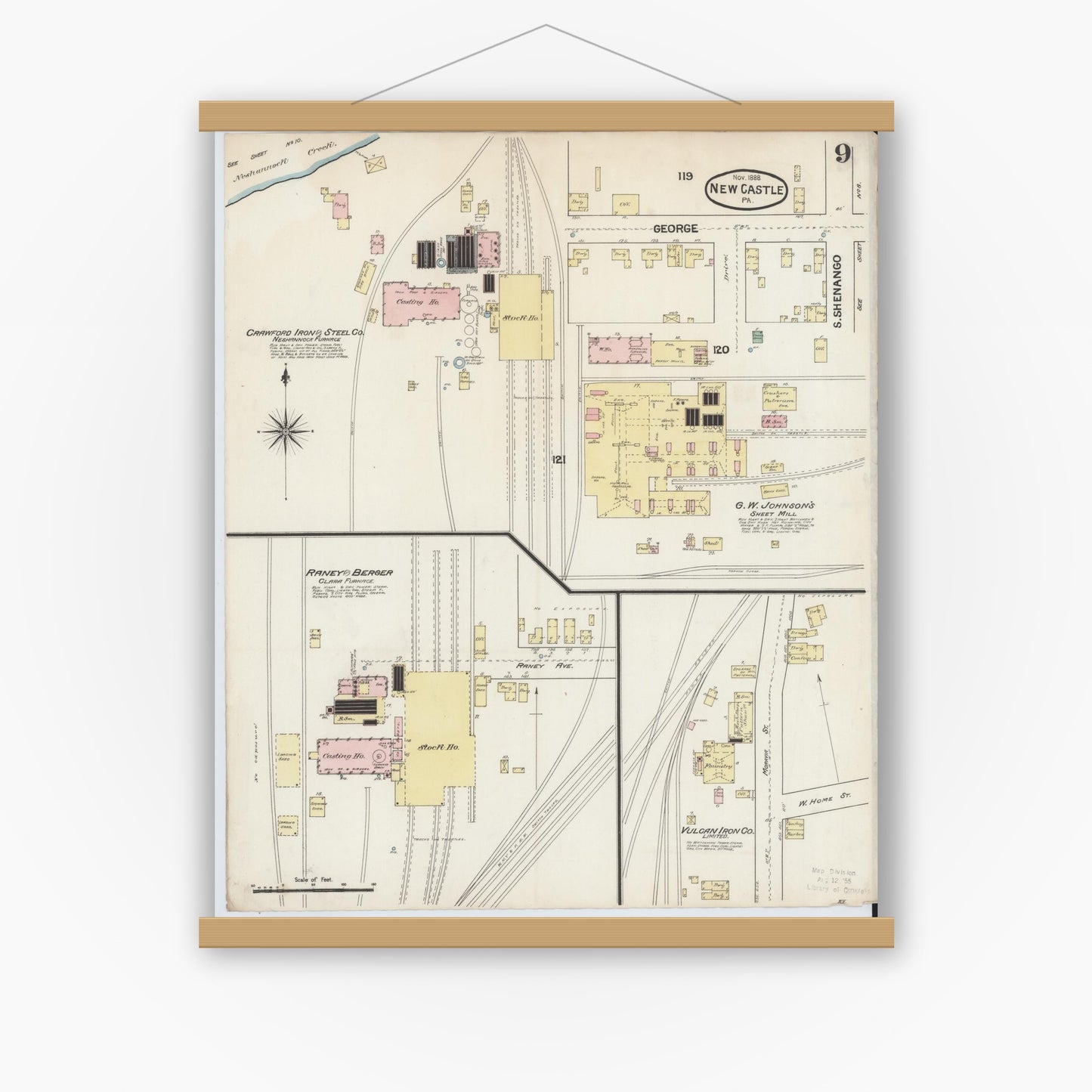 Old map wall art mockup — magnetic wood frame on white wall — Sanborn Fire Insurance Map from New Castle, Lawrence County, Pennsylvania (1888), Sheet #0009