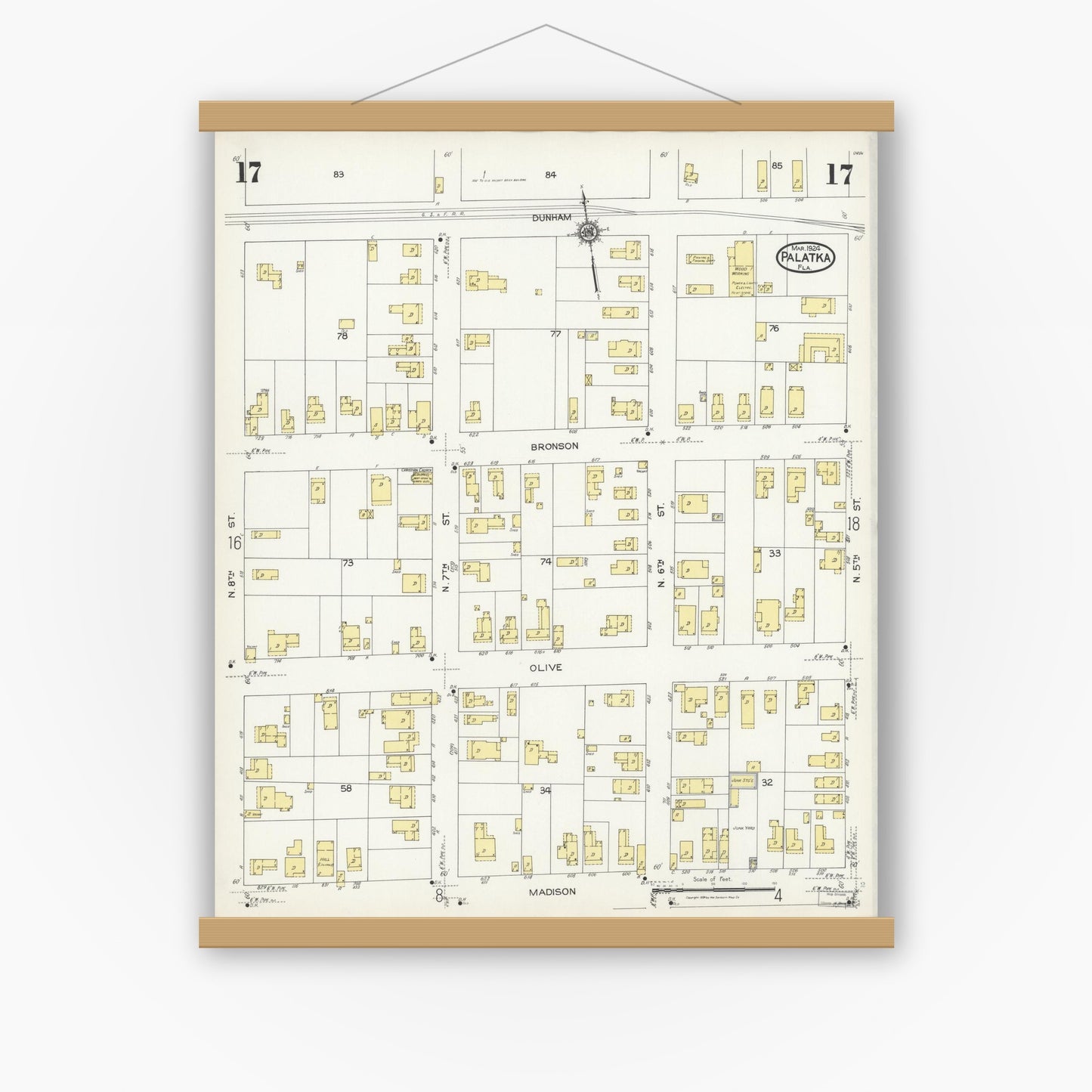 Old map wall art mockup — magnetic wood frame on white wall — Sanborn Fire Insurance Map from Palatka, Putnam County, Florida (1924), Sheet #0017
