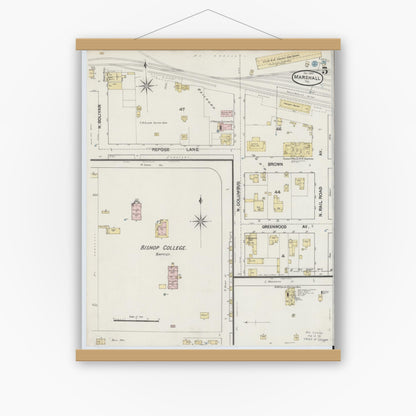 Old map wall art mockup — magnetic wood frame on white wall — Sanborn Fire Insurance Map from Marshall, Harrison County, Texas (1889), Sheet #0005