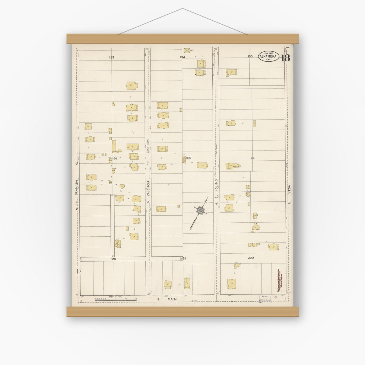 Old map wall art mockup — magnetic wood frame on white wall — Sanborn Fire Insurance Map from Alhambra, Los Angeles County, California (1912), Sheet #0018