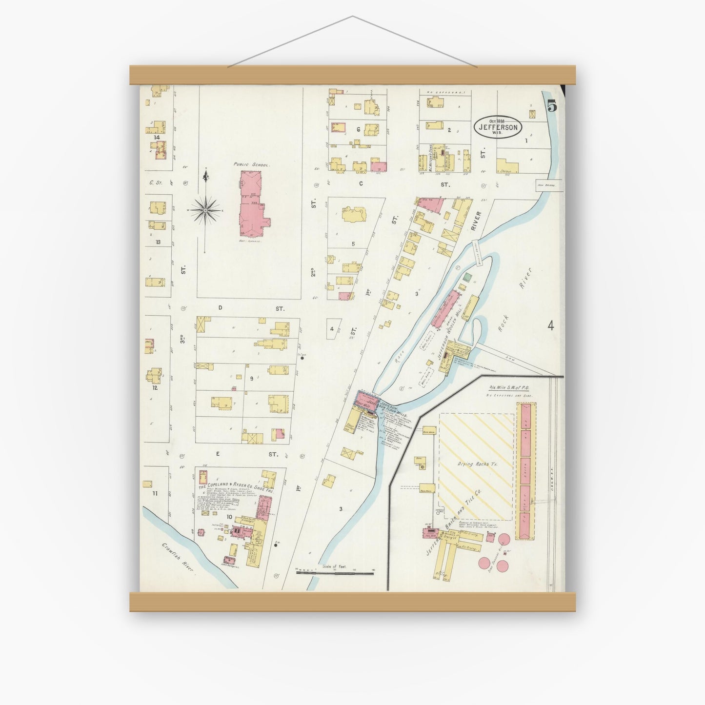 Old map wall art mockup — magnetic wood frame on white wall — Sanborn Fire Insurance Map from Jefferson, Jefferson County, Wisconsin (1898), Sheet #0005