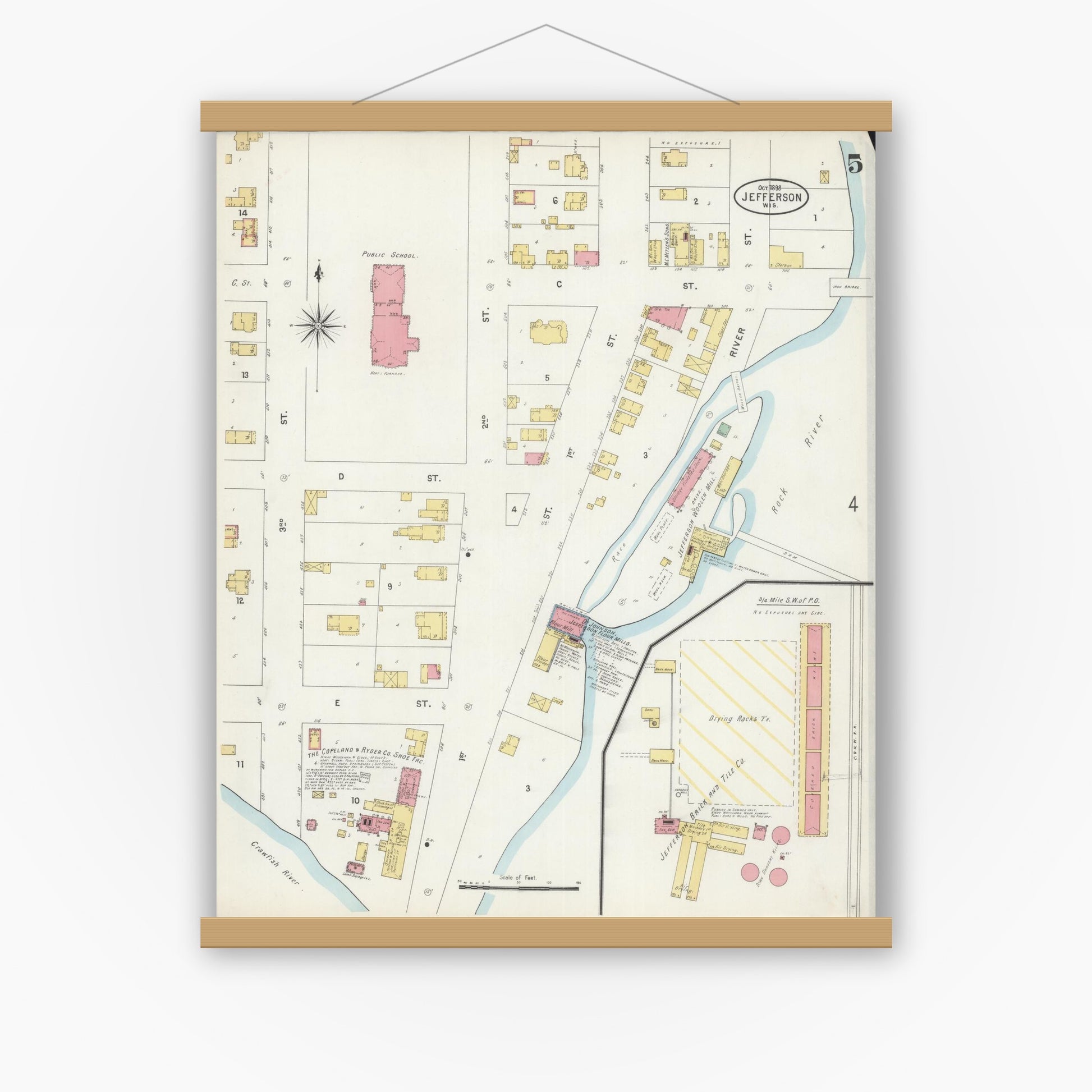 Old map wall art mockup — magnetic wood frame on white wall — Sanborn Fire Insurance Map from Jefferson, Jefferson County, Wisconsin (1898), Sheet #0005