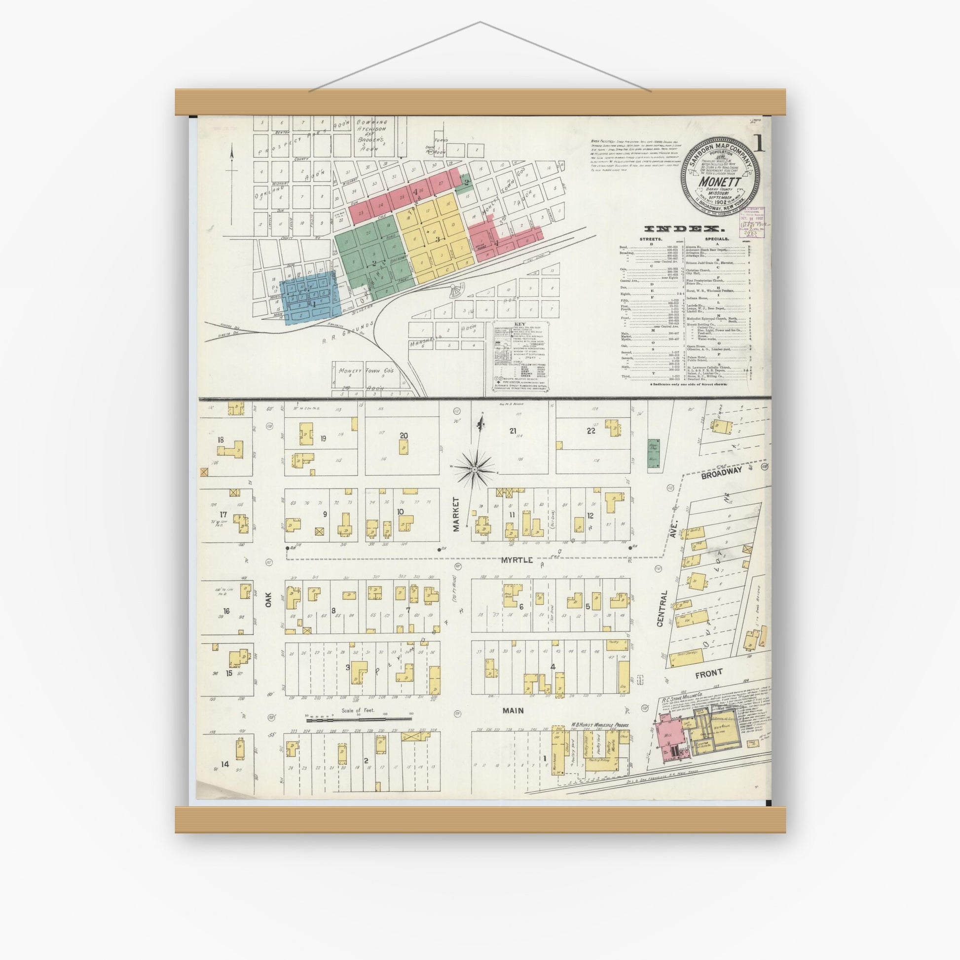 Old map wall art mockup — magnetic wood frame on white wall — Sanborn Fire Insurance Map from Monett, Barry County, Missouri (1902) - Complete Map Set