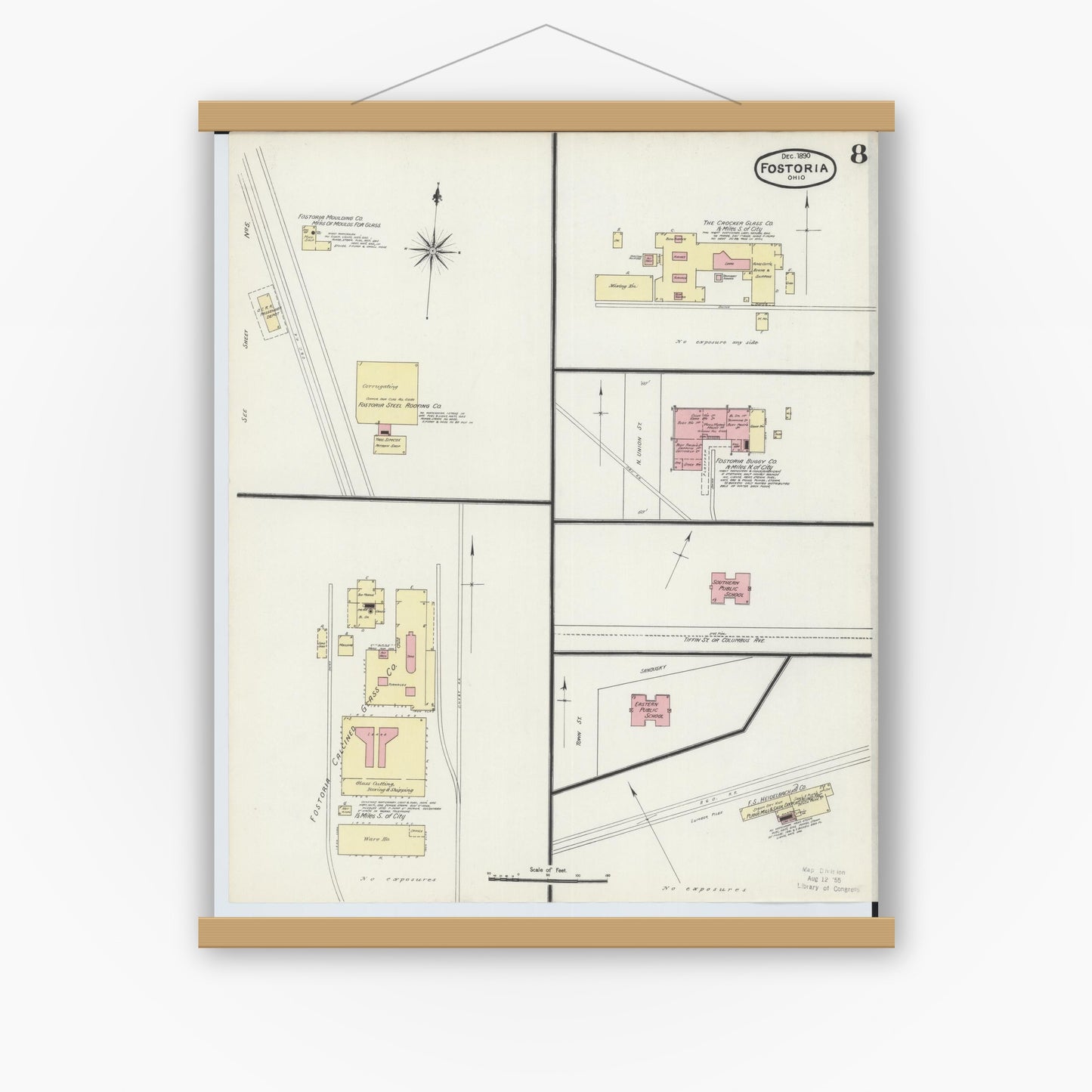 Old map wall art mockup — magnetic wood frame on white wall — Sanborn Fire Insurance Map from Fostoria, Seneca, Hancock, And Wood Counties, Ohio (1891), Sheet #0008