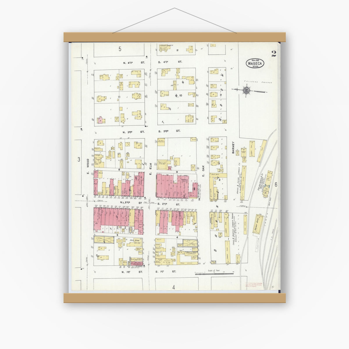 Old map wall art mockup — magnetic wood frame on white wall — Sanborn Fire Insurance Map from Waseca, Waseca County, Minnesota (1910), Sheet #0002