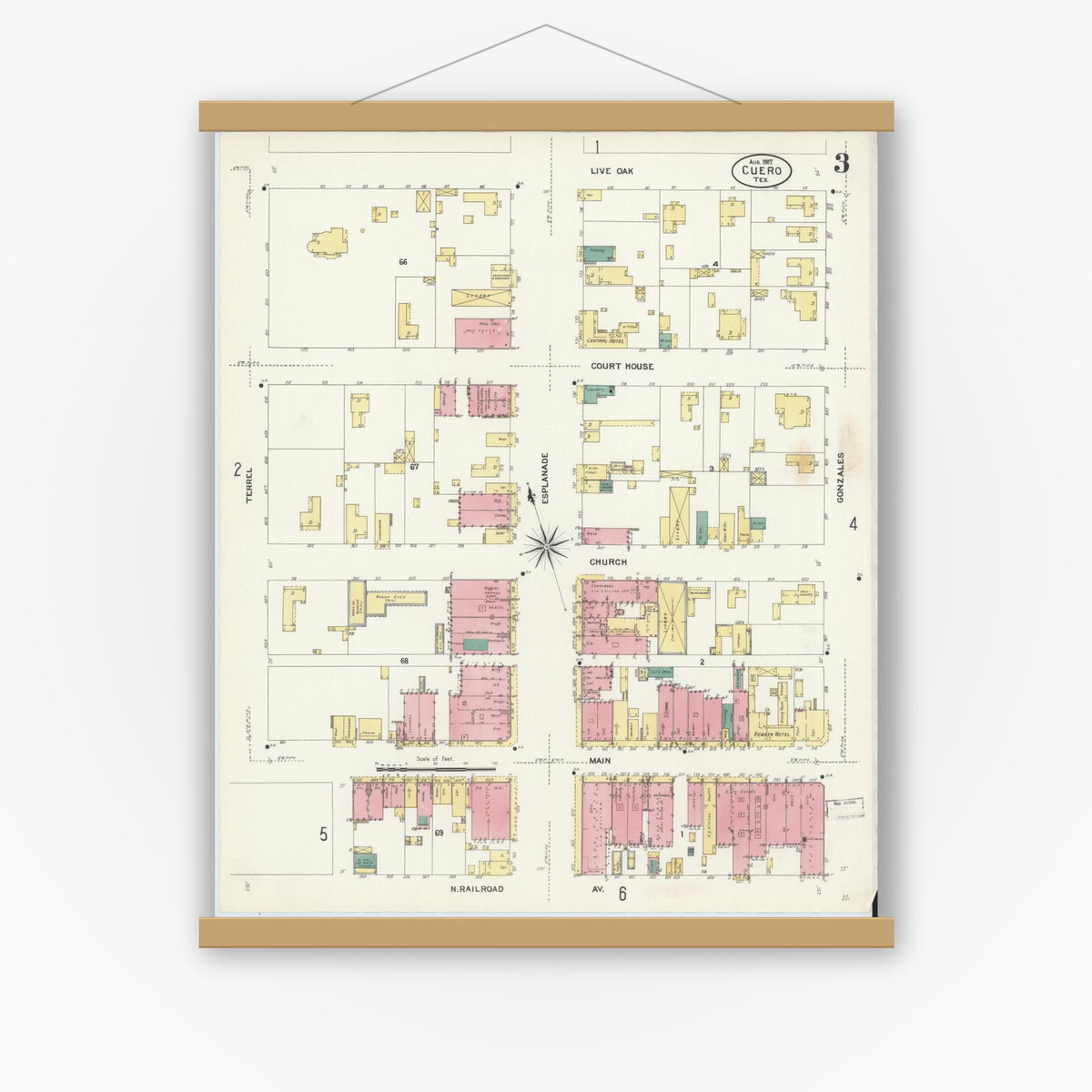 Old map wall art mockup — magnetic wood frame on white wall — Sanborn Fire Insurance Map from Cuero, De Witt County, Texas (1907), Sheet #0003
