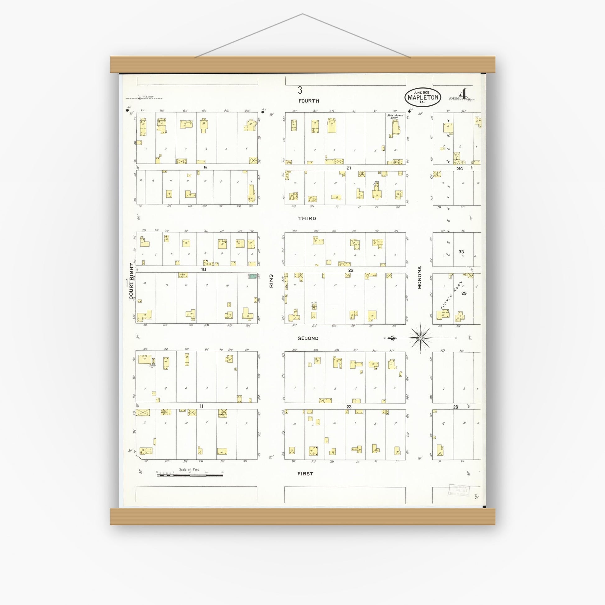 Old map wall art mockup — magnetic wood frame on white wall — Sanborn Fire Insurance Map from Mapleton, Monona County, Iowa (1909), Sheet #0004