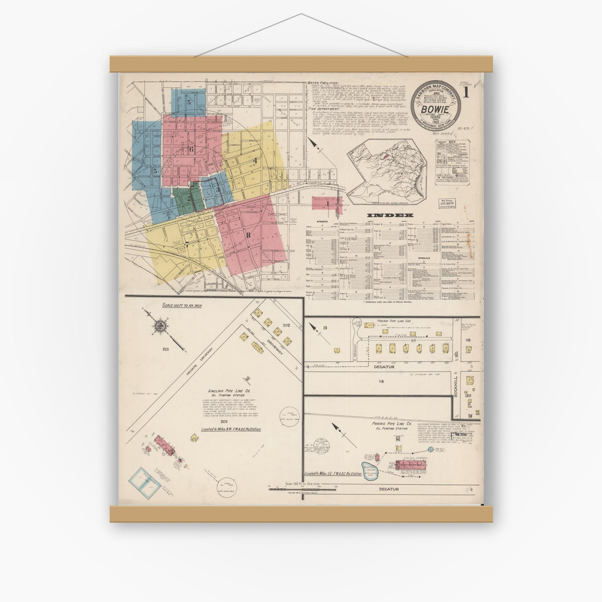 Old map wall art mockup — magnetic wood frame on white wall — Sanborn Fire Insurance Map from Bowie, Montague County, Texas (1922) - Complete Map Set