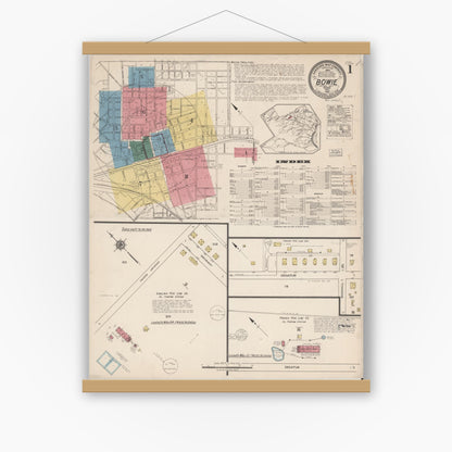 Old map wall art mockup — magnetic wood frame on white wall — Sanborn Fire Insurance Map from Bowie, Montague County, Texas (1922) - Complete Map Set