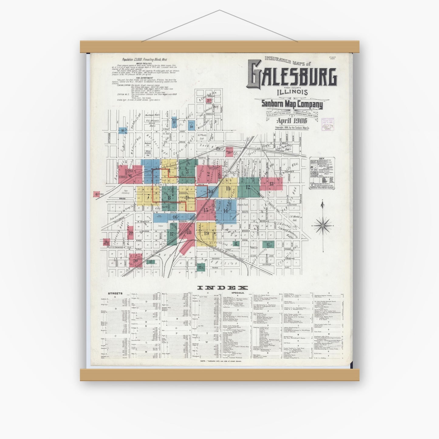 Old map wall art mockup — magnetic wood frame on white wall — Sanborn Fire Insurance Map from Galesburg, Knox County, Illinois (1906), Sheet #0001