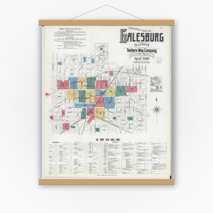 Old map wall art mockup — magnetic wood frame on white wall — Sanborn Fire Insurance Map from Galesburg, Knox County, Illinois (1906), Sheet #0001