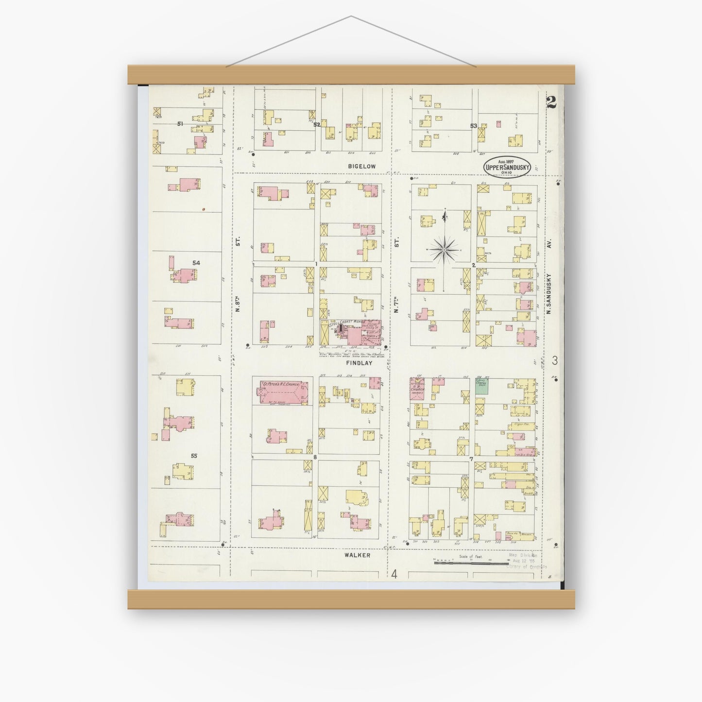 Old map wall art mockup — magnetic wood frame on white wall — Sanborn Fire Insurance Map from Upper Sandusky, Wyandot County, Ohio (1897), Sheet #0002