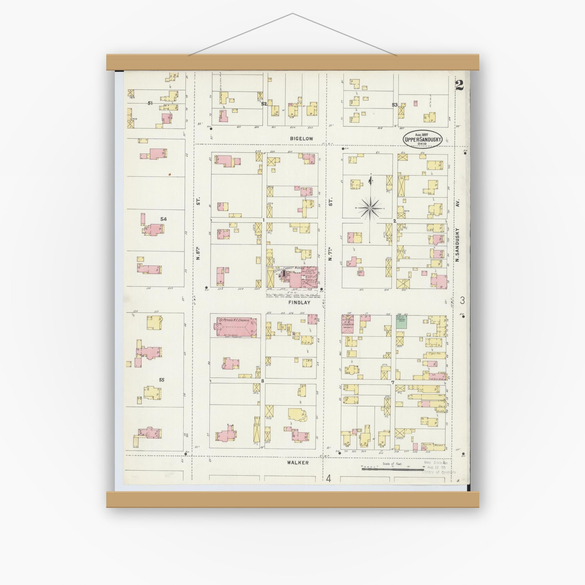 Old map wall art mockup — magnetic wood frame on white wall — Sanborn Fire Insurance Map from Upper Sandusky, Wyandot County, Ohio (1897), Sheet #0002