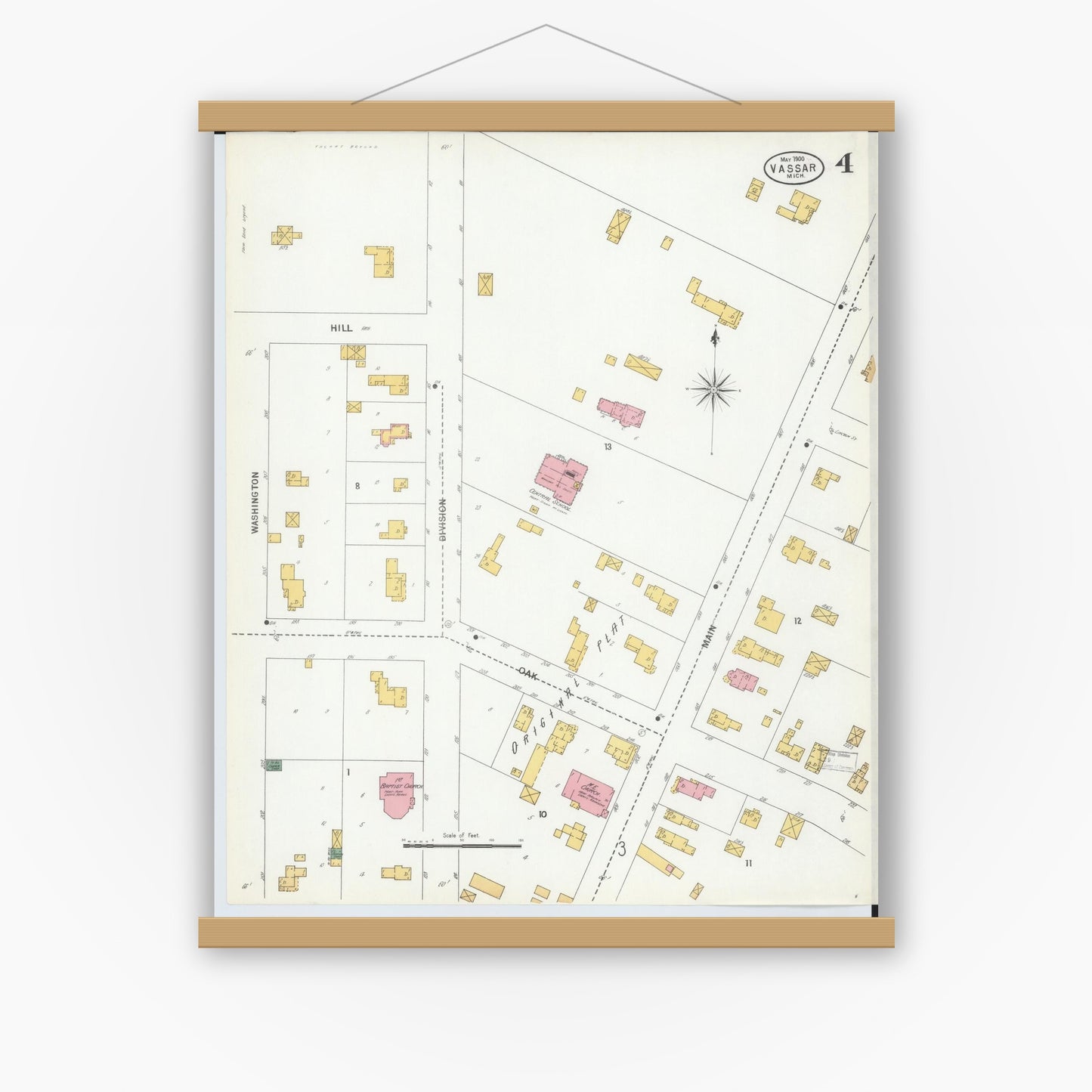 Old map wall art mockup — magnetic wood frame on white wall — Sanborn Fire Insurance Map from Vassar, Tuscola County, Michigan (1900), Sheet #0004