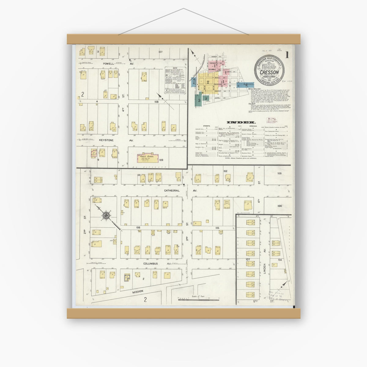 Old map wall art mockup — magnetic wood frame on white wall — Sanborn Fire Insurance Map from Cresson, Cambria County, Pennsylvania (1911) - Complete Map Set