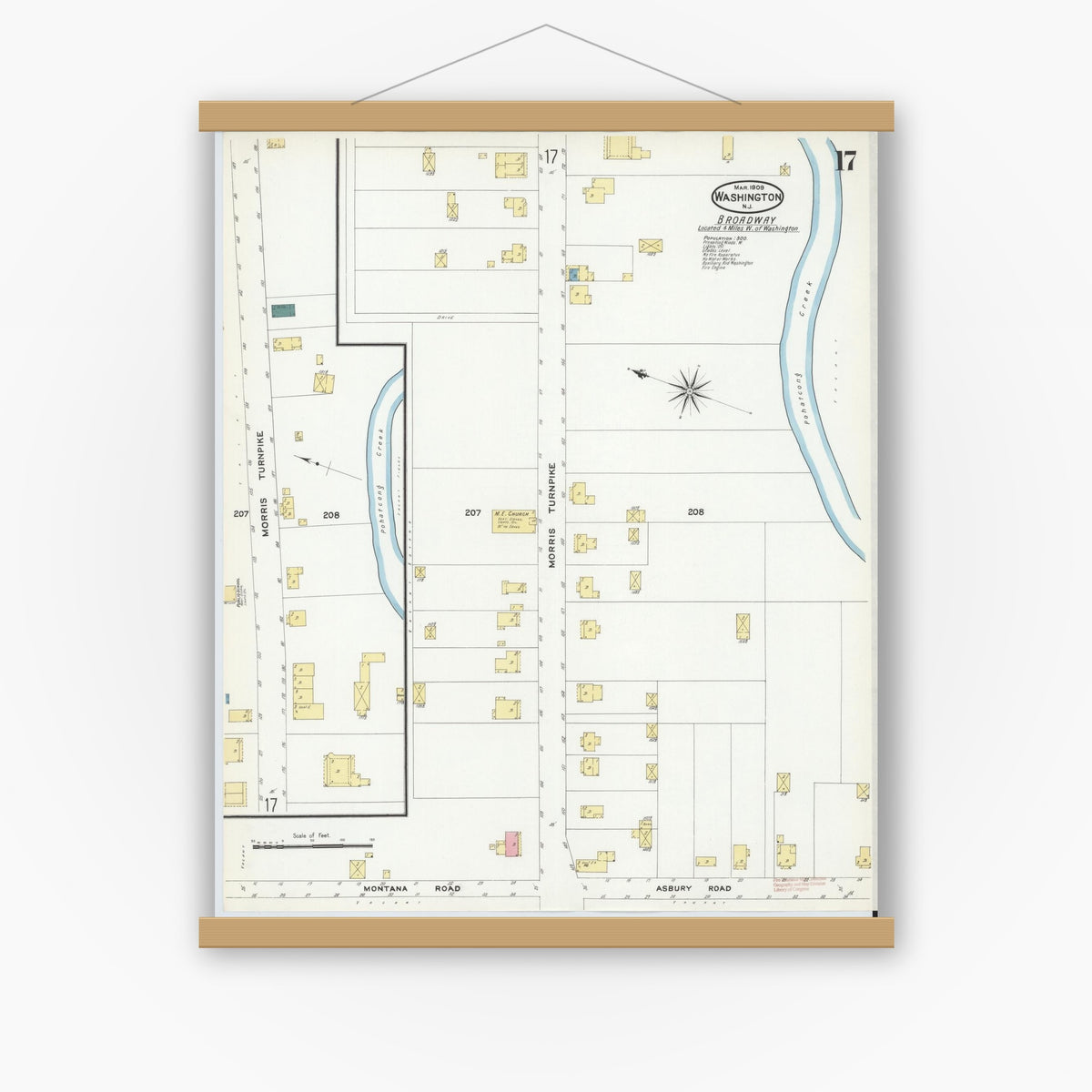 Old map wall art mockup — magnetic wood frame on white wall — Sanborn Fire Insurance Map from Washington, Warren County, New Jersey (1909), Sheet #0017