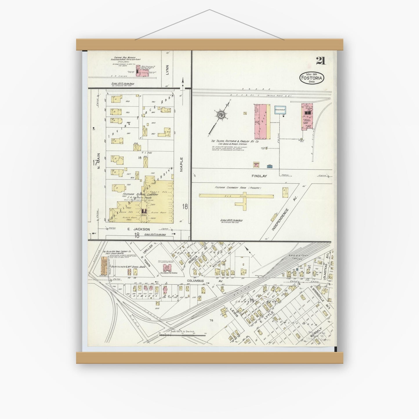 Old map wall art mockup — magnetic wood frame on white wall — Sanborn Fire Insurance Map from Fostoria, Seneca, Hancock, And Wood Counties, Ohio (1914), Sheet #0021