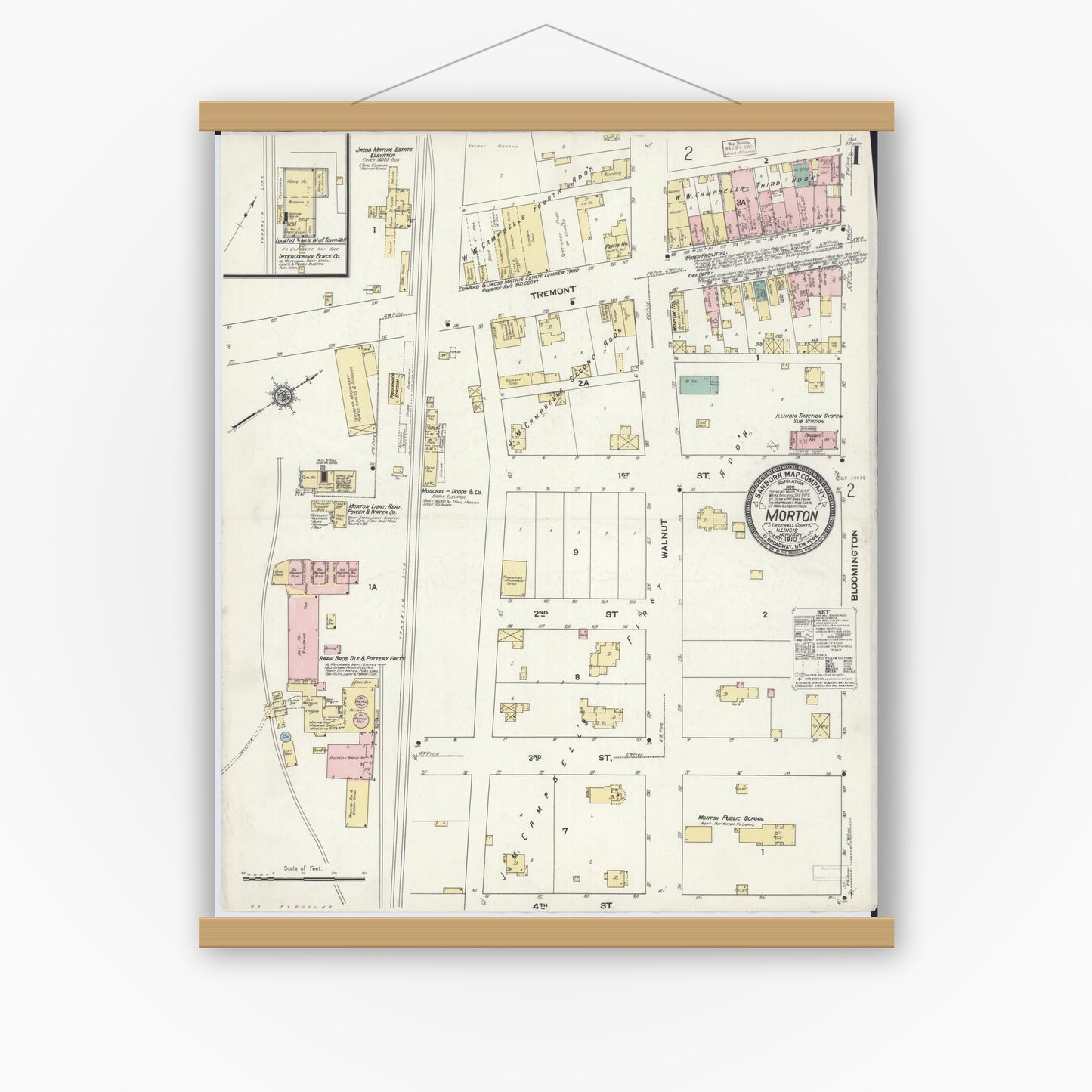 Old map wall art mockup — magnetic wood frame on white wall — Sanborn Fire Insurance Map from Morton, Tazewell County, Illinois (1910) - Complete Map Set