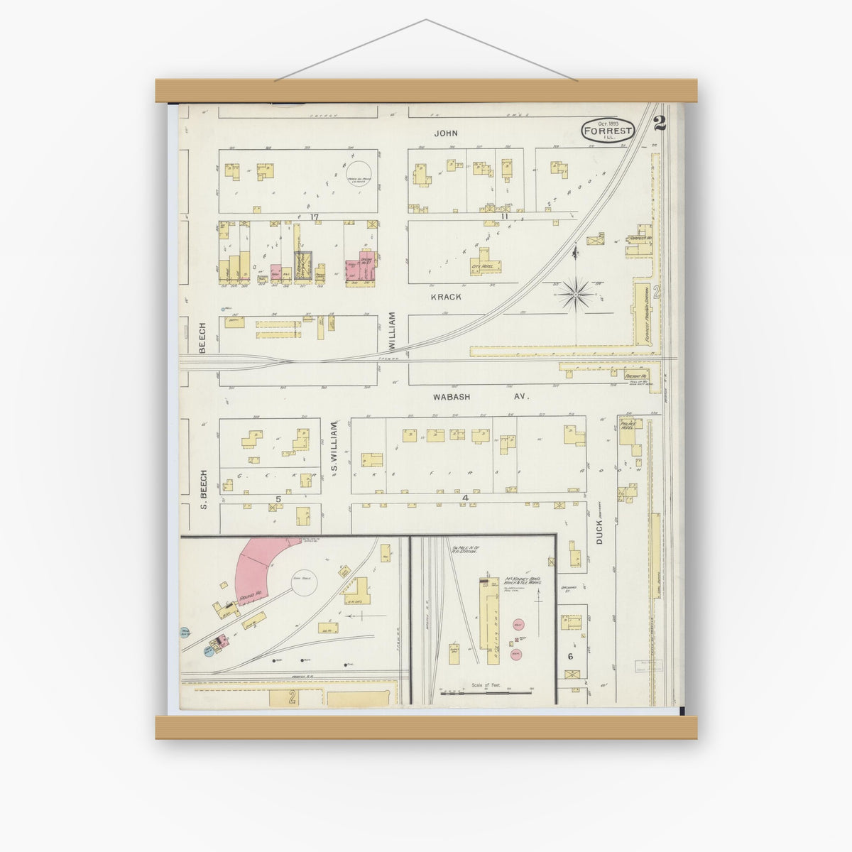 Old map wall art mockup — magnetic wood frame on white wall — Sanborn Fire Insurance Map from Forrest, Livingston County, Illinois (1893), Sheet #0002
