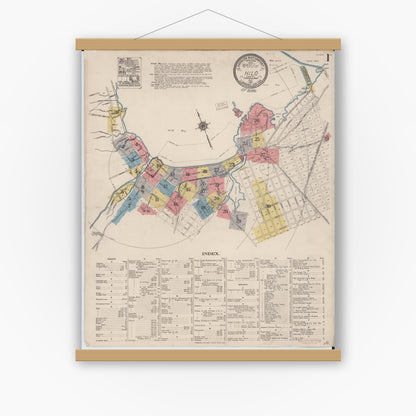 Old map wall art mockup — magnetic wood frame on white wall — Sanborn Fire Insurance Map from Hilo, Hawaii County, Hawaii (1921), Sheet #0001