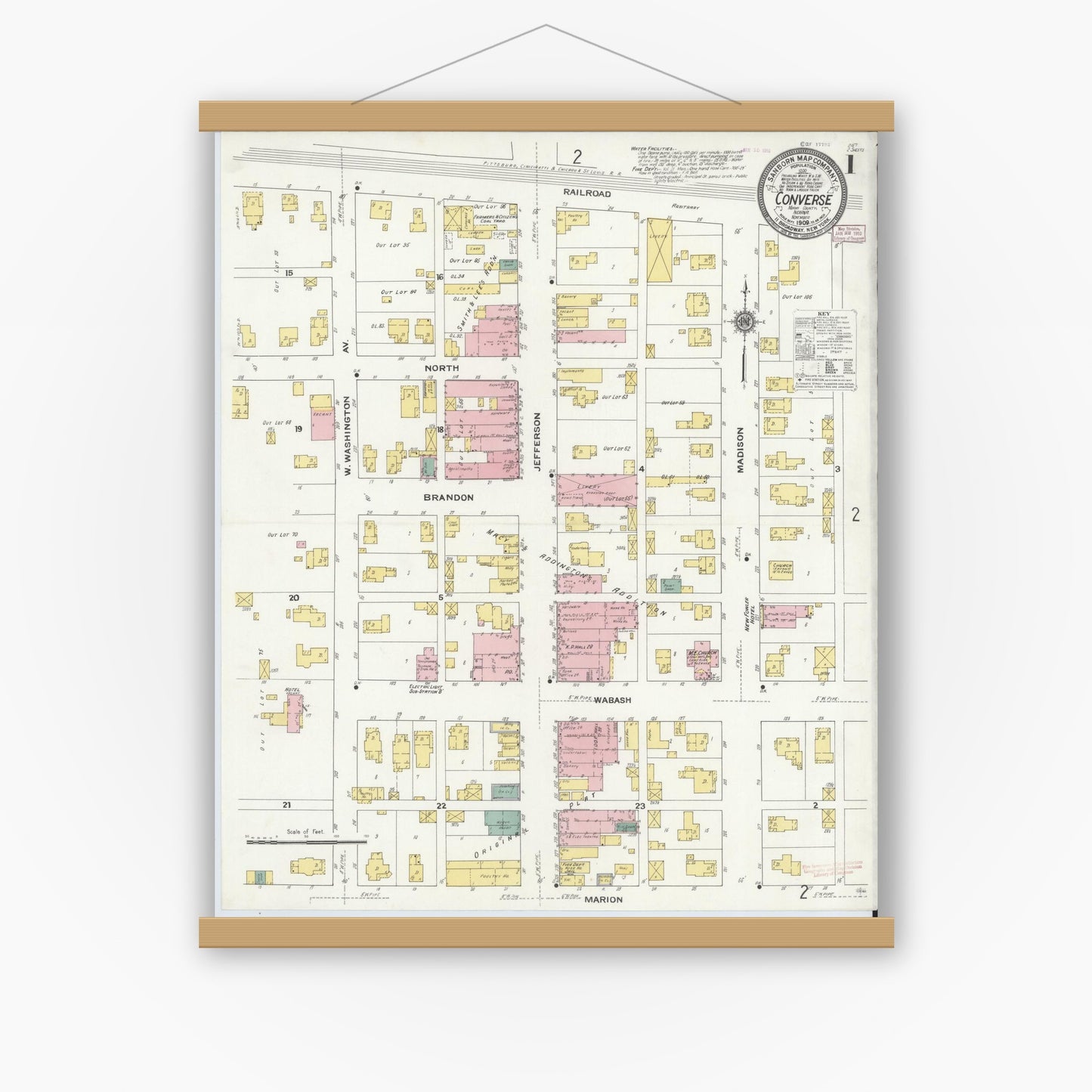 Old map wall art mockup — magnetic wood frame on white wall — Sanborn Fire Insurance Map from Converse, Miami County, Indiana (1909) - Complete Map Set