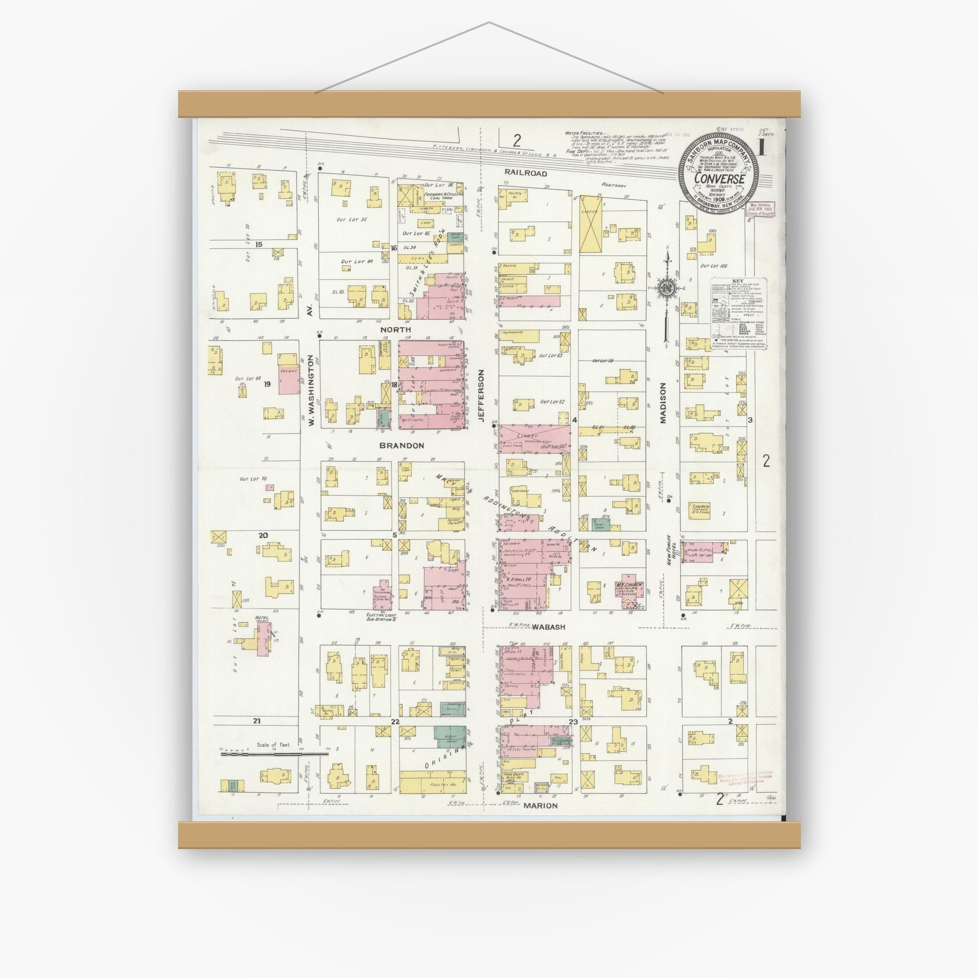Old map wall art mockup — magnetic wood frame on white wall — Sanborn Fire Insurance Map from Converse, Miami County, Indiana (1909) - Complete Map Set