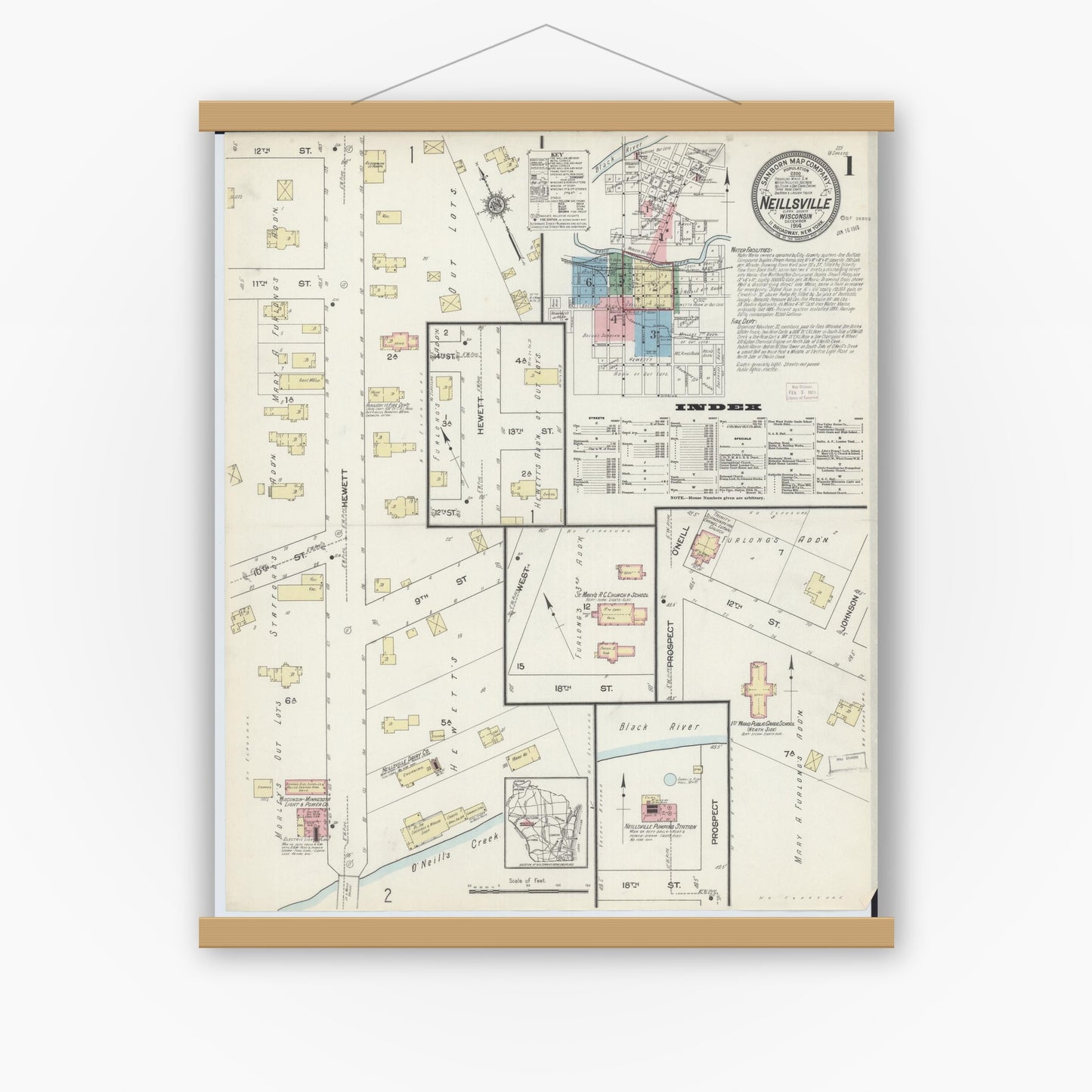 Old map wall art mockup — magnetic wood frame on white wall — Sanborn Fire Insurance Map from Neillsville, Clark County, Wisconsin (1914) - Complete Map Set