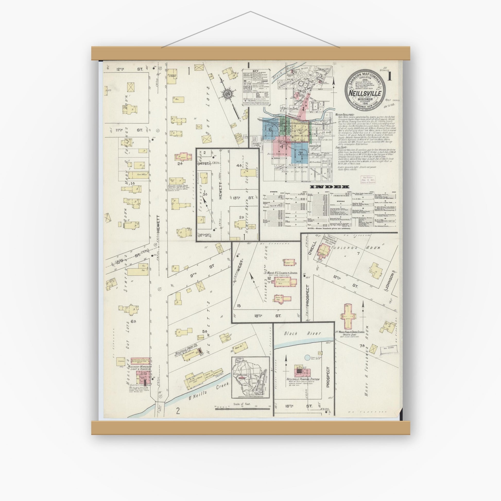Old map wall art mockup — magnetic wood frame on white wall — Sanborn Fire Insurance Map from Neillsville, Clark County, Wisconsin (1914) - Complete Map Set