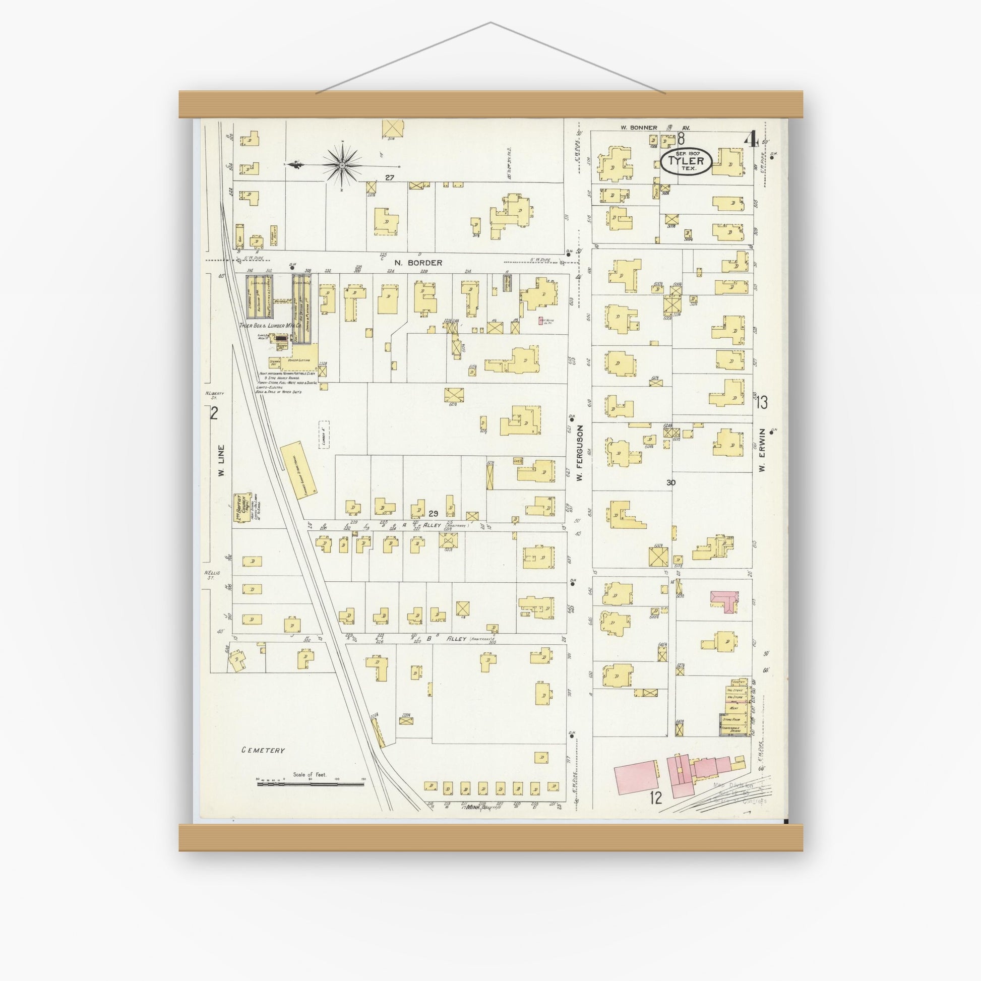 Old map wall art mockup — magnetic wood frame on white wall — Sanborn Fire Insurance Map from Tyler, Smith County, Texas (1907), Sheet #0004