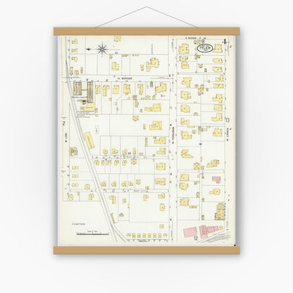 Old map wall art mockup — magnetic wood frame on white wall — Sanborn Fire Insurance Map from Tyler, Smith County, Texas (1907), Sheet #0004