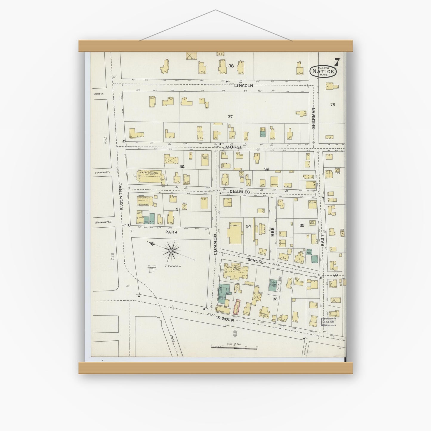 Old map wall art mockup — magnetic wood frame on white wall — Sanborn Fire Insurance Map from Natick, Middlesex County, Massachusetts (1894), Sheet #0007