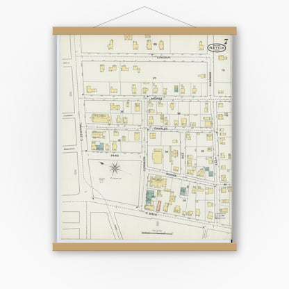 Old map wall art mockup — magnetic wood frame on white wall — Sanborn Fire Insurance Map from Natick, Middlesex County, Massachusetts (1894), Sheet #0007