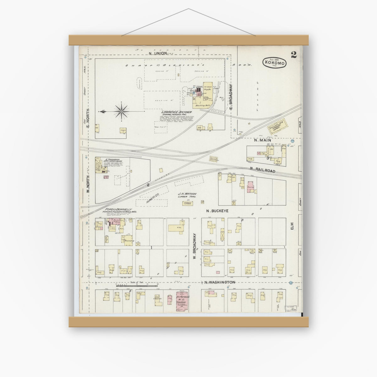 Old map wall art mockup — magnetic wood frame on white wall — Sanborn Fire Insurance Map from Kokomo, Howard County, Indiana (1889), Sheet #0002