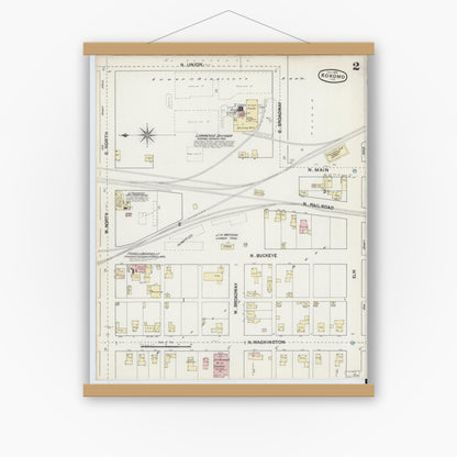 Old map wall art mockup — magnetic wood frame on white wall — Sanborn Fire Insurance Map from Kokomo, Howard County, Indiana (1889), Sheet #0002
